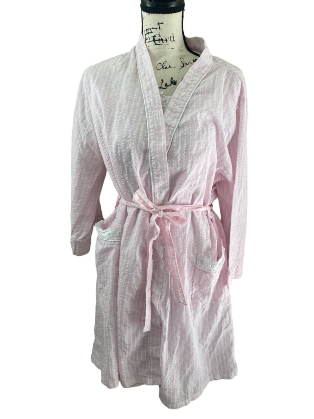 Miss Elaine Pink & White Striped Embroidered Nightgown and Robe Set - Size Large